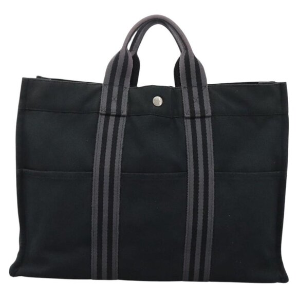 HERMES Fourre Tout MM Hand Bag Canvas Black Gray Silver Auth - Picture 2 of 16